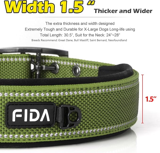 Fida Heavy DutyDog Collar for Large Dogs, Ultra Comfortable Soft Neoprene Padded, Adjustable Reflective Nylon Pet Collar with Durable Metal Belt Buckle for Extra Large Breeds(XL, Green)-PawvioPets