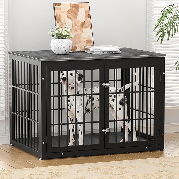 42 Inch Heavy Duty Dog Crate Furniture for Large and Medium Dogs, Decorative Pet House End Table, Wooden Cage Kennel Furniture Indoor, Gray-PawvioPets