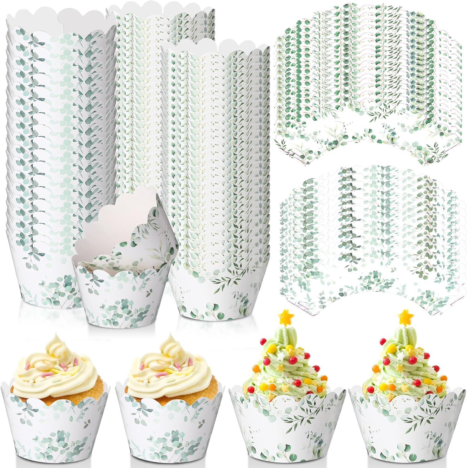 Domensi 100 Pcs Eucalyptus Cupcake Wrappers Rustic Cupcake Liners Green Tulip Baking Cups Baking Liners for Wedding Bridal Baby Shower Birthday Party Supplies Dessert Decoration