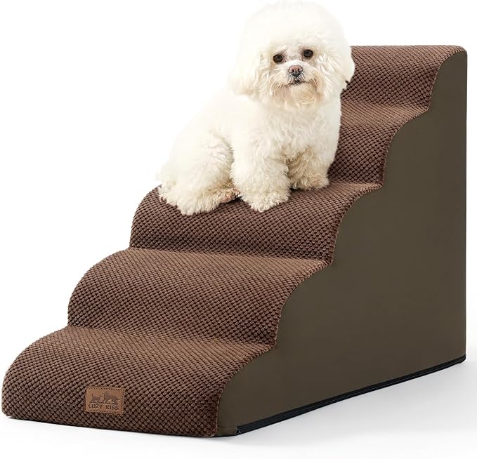 Dog Stairs for High Bed 22.6" H, Small Dog Step for Puppy, Older or Cat, Curved Ramp for Car, Ladder with High Density Foam, Lightweight, Durable, 15.7x33x22.6 inch, 5 Step, Brown-PawvioPets