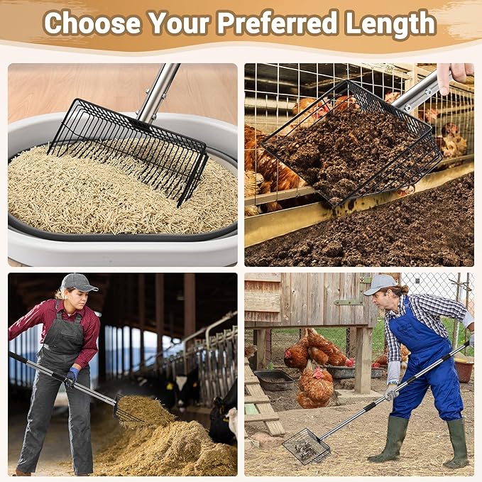 10inch Large Metal Chicken Poop Scooper, 24 to 68" Long Chicken Coop Litter Scoop with Stainless Steel Handle, 4 in 1 Multifunctional Heavy Duty Litter Sifting Shovel Chicken Coop Accessories-PawvioPets