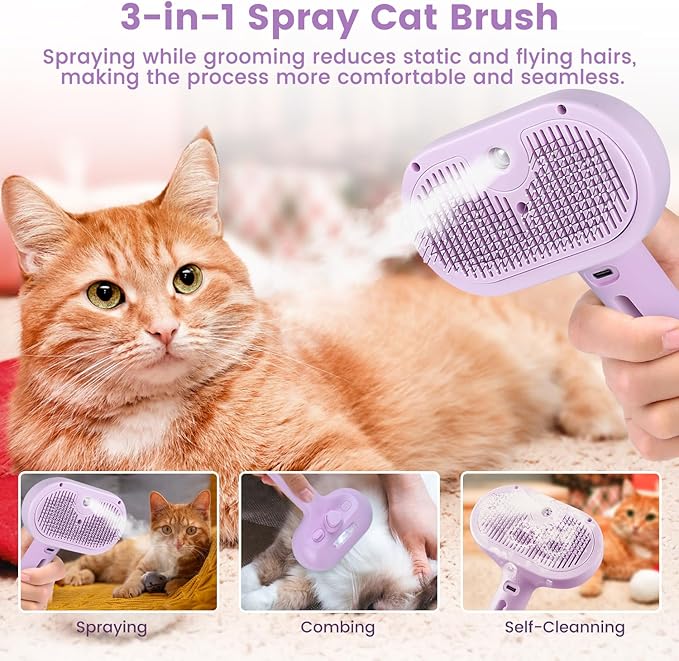 3 in 1 Cat Steam Brush, Pet Spray Hair Removal Comb for Shedding & Grooming, Water Brush for Cats Dogs Small Animals Long Short Haired with One-Click Release Button(Purple)-PawvioPets