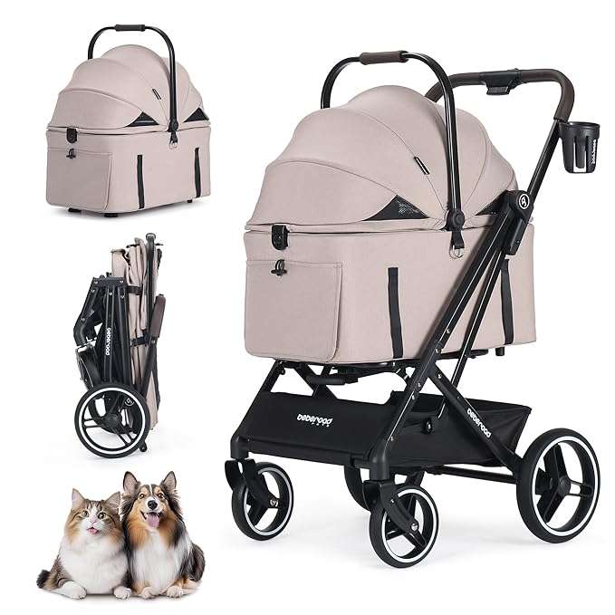 BEBEROAD X3 2 in 1 Pet Stroller for Medium or Two Small Dogs & Cats 4 Wheels Lightweight Foldable Carrier Dog Stroller with Waterproof Weather Cover Cup Holder,Storage Basket(Camel)-PawvioPets
