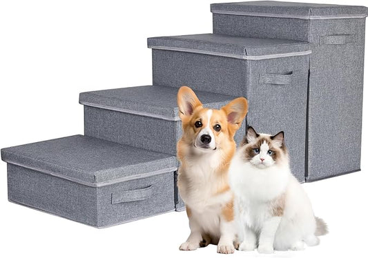 Dog Stairs with Storage, 4-Step Folding Pet Steps for Small Dogs and Cats, Pet Steps Storage with Zip, Pet Stairs for High Bed, Couch and Car Ramp (Gray, 4 Steps no Condo)-PawvioPets