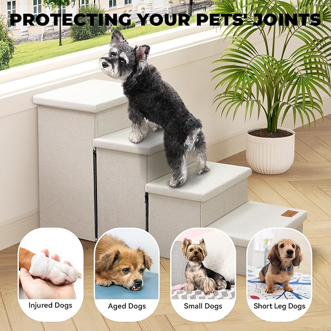 Dog Stairs with Storage 23" H, 4-Step Wider Dog Steps for High Beds Window, Folding Sturdy Pet Stairs Gift for Small/Medium/Large Old Dogs Cat, Ramp for Climbing Car Up to 200 lbs, Beige-PawvioPets