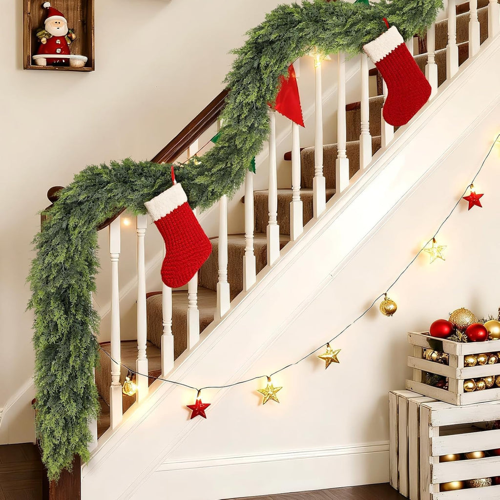 Christmas Cedar Garland - 5ft Artificial Cedar Garland Faux Lush Green Fake Pine Needles for Fireplace,Table,Window,Stairs,Mante,Holiday Indoor Outdoor Xmas Decor(2PCS)