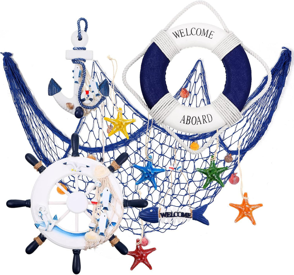 Marsui 11 Pcs Wooden Nautical Wall Decor Fishing Net Decorations, Include Decorative Fishing Net, Ship Wheel, Fish Skeleton, Life Ring, Anchor, Starfish Beach Decor for Mediterranean Party (Blue)