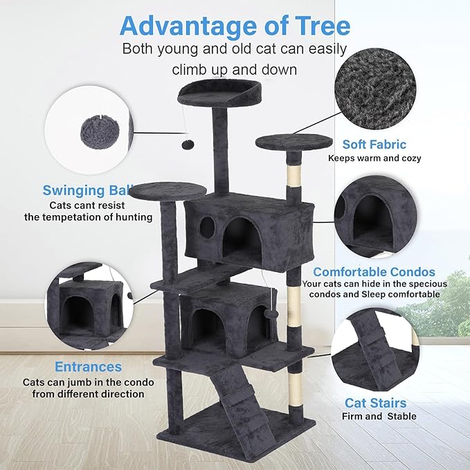 FDW Cat Tree Tower 62in Multi-Level Durable Cat Scratching Post & Cozy Fun Jumping Platform Space Saving Condo Pet Play House for Indoor Cats,Dark Gray-PawvioPets