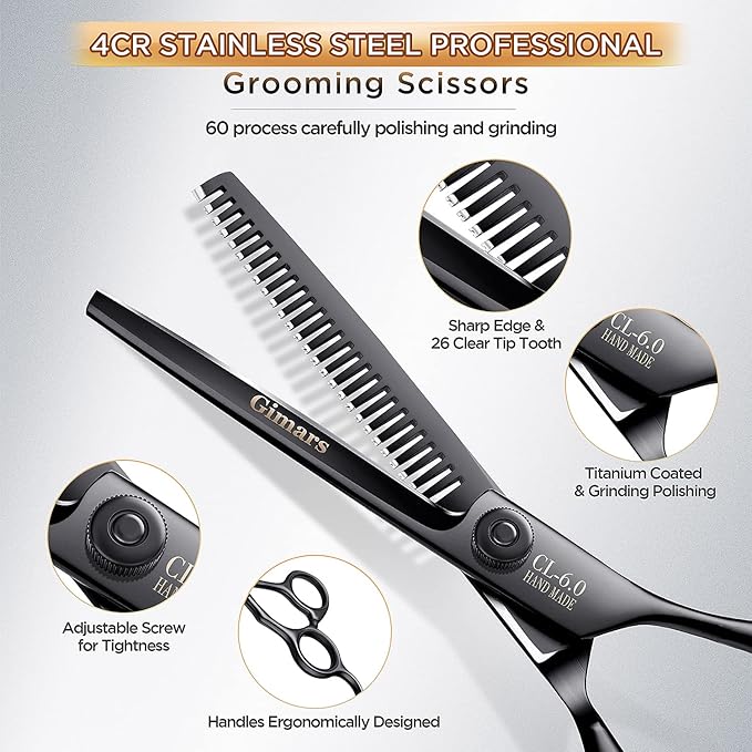 Gimars 7inch Professional 4CR Stainless Steel 6 in 1 Grooming Scissors for Dogs with Safety Round Tip, Heavy Duty Titanium Coated Pet Grooming Scissor for Dogs, Cats and Other Animals-PawvioPets