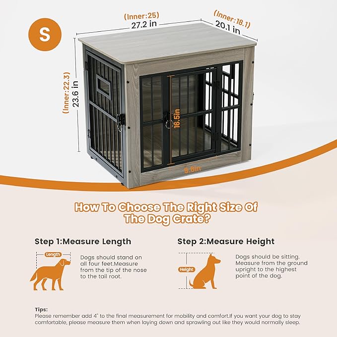 Gardner Pet Dog Crate Furniture for Small Dog, 27.2 Inches Dog Kennel Indoor, Wooden Dog Cage End Table, Heavy Duty Dog Crates, Rustic Grey-PawvioPets