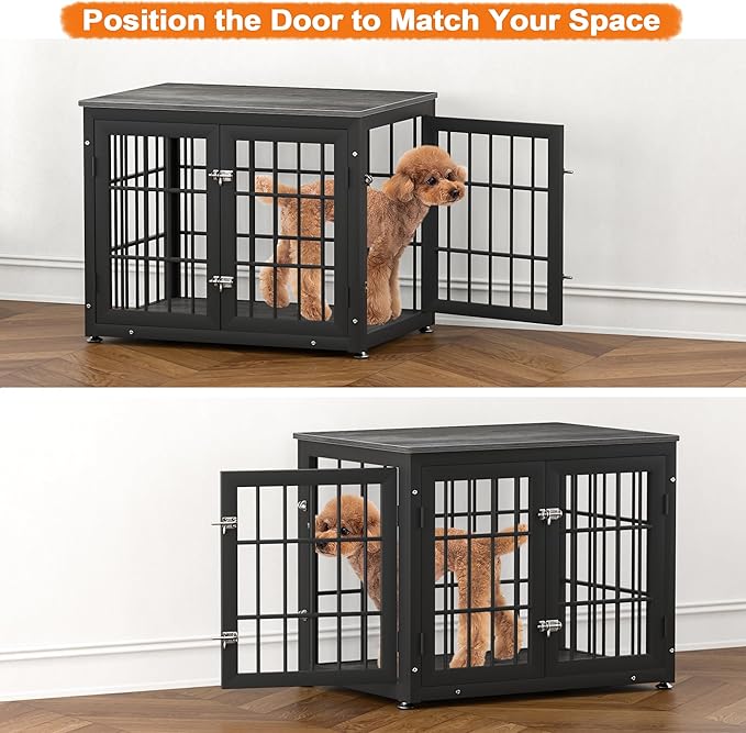 32 Inch Heavy Duty Dog Crate Furniture for Medium and Small Dogs, Decorative Pet House End Table, Wooden Cage Kennel Furniture Indoor, Gray-PawvioPets