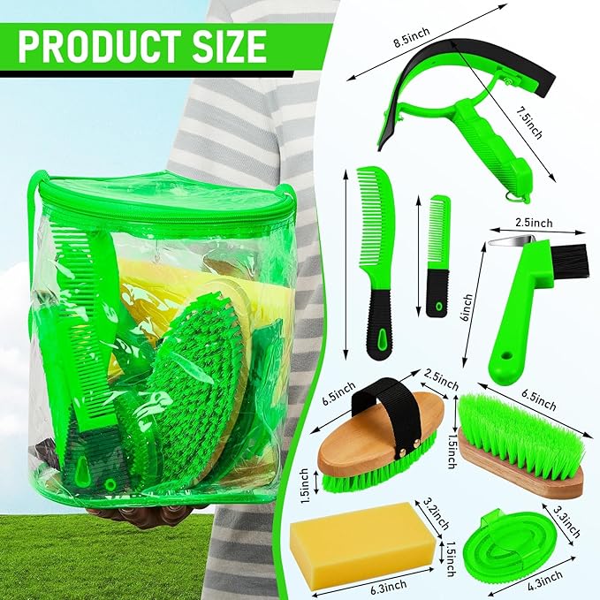 9 Pieces Horse Grooming Kit Tack Room Supplies Set with Organizer Tote Bag, Oval Massage Curry, Hard and Soft Brush, Hoof Pick, Sweat Scraper, Bathing Sponge, Combs for Horse Riders Beginners (Green)-PawvioPets