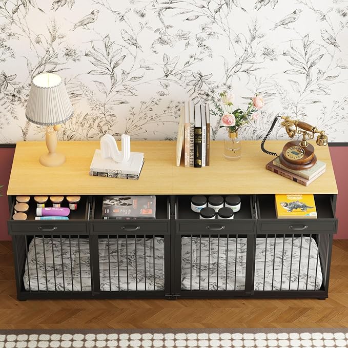 Extra Large Dog Crate with Double Rooms, 93" Heavy Duty Wooden Dog Cage Furniture Dog Crate Kennel w/Drawers & Removable Divider,Indoor Luxury Dog House for Large Dogs,Black-PawvioPets