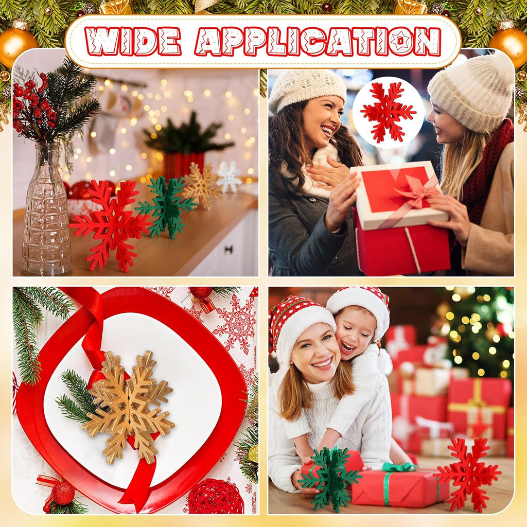 Bucherry 12 Pcs Wooden Snowflake Table Decor 3D Snowflake Tabletop Signs and Centerpiece for Christmas Xmas Winter Wonderland Decorations Home Party (White, Gold, Red,Green)