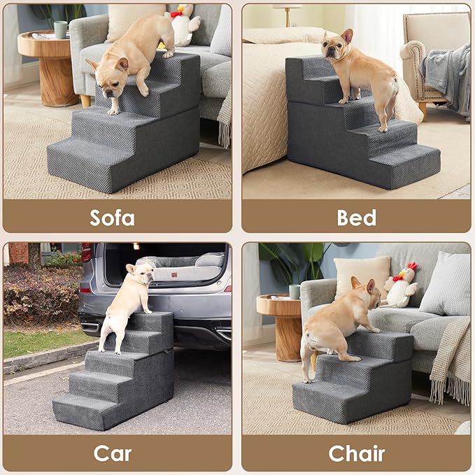 EHEYCIGA Dog Stairs for Bed 18" H, 4-Step Dog Steps for High Bed, Pet Steps for Small Dogs and Cats, Non-Slip Balanced Pet Ramp Indoor, Grey-PawvioPets