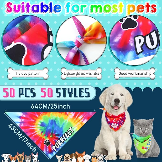 50 Pcs Tie Dye Dog Bandanas Bulk Pet Bibs Colorful Triangle Scarf Tie Dye with Sayings Pet Bandanas for Medium Large Dogs Spring Summer Birthday Costume Decor-PawvioPets