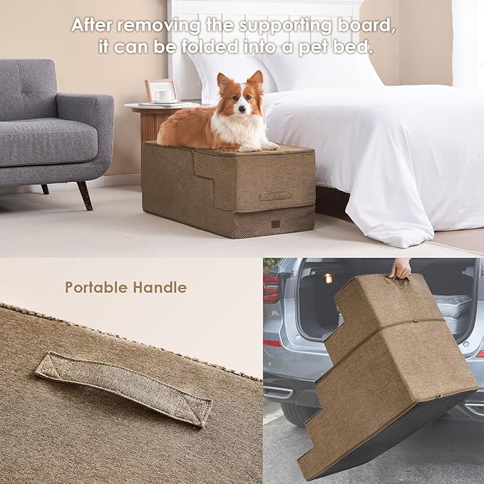 EHEYCIGA Dog Stairs for High Bed 25" H, 5-Step Extra Wide Dog Steps for Bed, Pet Steps for Small Dogs and Cats, Non-Slip Balanced Pet Ramp Indoor, Camel-PawvioPets