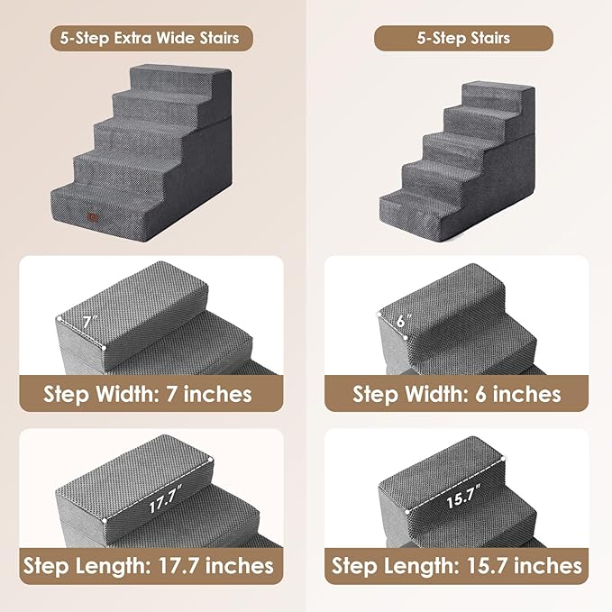 EHEYCIGA Dog Stairs for High Bed 25" H, 5-Step Extra Wide Dog Steps for Bed, Pet Steps for Small Dogs and Cats, Non-Slip Balanced Pet Ramp Indoor, Grey-PawvioPets