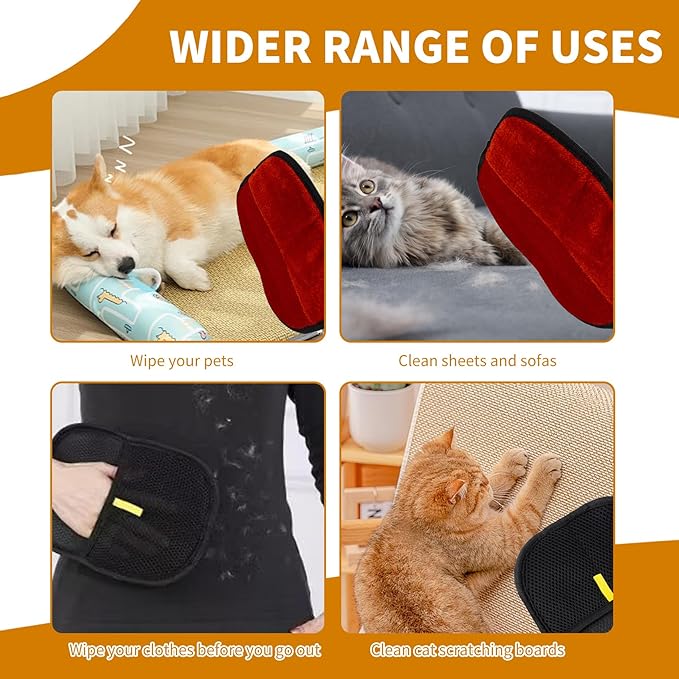 2PCS Electrostatic Pet Grooming Gloves, Reusable Hair Remover for Dog Cat Fur on Clothes Furniture Car Seat/Red-PawvioPets
