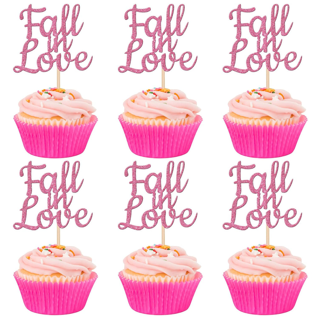 24 PCS Fall in Love Cupcake Toppers Glitter Fall Theme Party Cupcake Picks Bridal Shower Cupcake Decorations for Autumn Wedding Engagement Anniversary Birthday Party Cake Decorations Supplies Pink