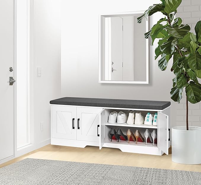2-Tier Storage Bench, Shoe Bench with Padded Seat Cushion, Entryway Bench with 4 Barn Doors, Adjustable Shelf, 13.8" D x 47.2" W x 17.7" H, for Entryway, Living Room, Bedroom, White-PawvioPets