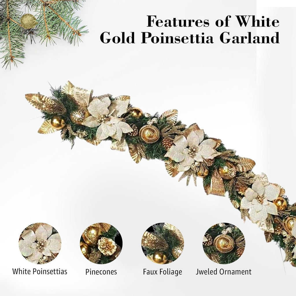 Holiday Tree White Gold Poinsettia Garland 5 Ft – Luxurious Christmas Garland with Metallic Accents, Festive Home Décor for Mantels, Doors & Tables