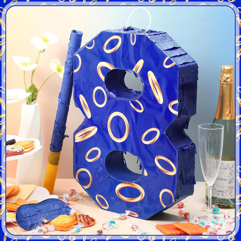 Number 8 Blue and Golden Rings Piñata for Kids Birthday Cartoon Theme Small Piñata with Blindfold Stick Confetti for Fiesta Cinco De Mayo Party Decor, 15.8 x 11 x 2.8 Inch