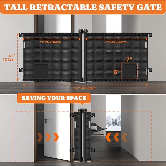 2-in-1 Retractable Baby Gates, 41" Tall Mesh Dog Gate with Cat Door 1-Pack, One Side Up to 71" Wide, Total 142" Wide, Long Retractable Pet Gate for Stairs Landing Indoor Outdoor-Black-PawvioPets