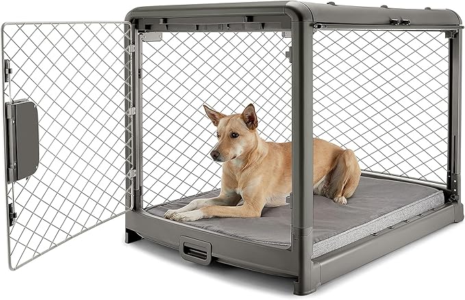 DIGGS Revol Collapsible Dog Crate with Wheels - Premium Portable Dog Crate - Safe, Stylish, and Convenient Indoor Kennel (Smoke, Intermediate)-PawvioPets