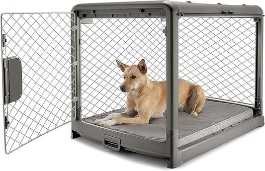 DIGGS Revol Collapsible Dog Crate with Wheels - Premium Portable Dog Crate - Safe, Stylish, and Convenient Indoor Kennel (Smoke, Intermediate)-PawvioPets