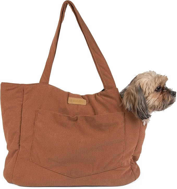 Corduroy Dog Carrier - Lightweight Cotton Soft-Sided Pet Tote with Safety Harness Clip - Breathable Travel Carrier for Small Dogs and Puppies (Brown)-PawvioPets