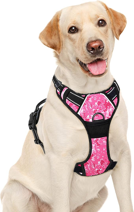 BARKBAY No Pull Dog Harness Large Step in Reflective Dog Harness with Front Clip and Easy Control Handle for Walking Training Running(Pink camo,L)-PawvioPets