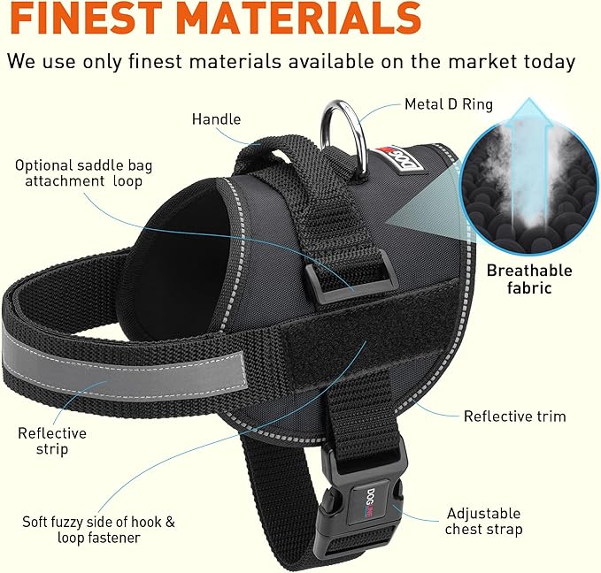 Dogline Dog Harness, Reflective No-Pull Adjustable Vest with Handle for Walking, Training, Breathable, No - Choke Harness for Small, Medium or Large Dogs Room for Patches Girth 18 to 24 in Black-PawvioPets