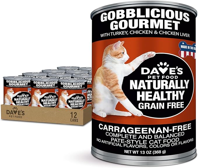 Dave's Pet Food Grain Free Wet Canned Cat Food Pate (Gobblicious Gourmet), Made in USA Naturally Healthy, Added Vitamins & Minerals, 13 oz Cans (12 Pack)-PawvioPets