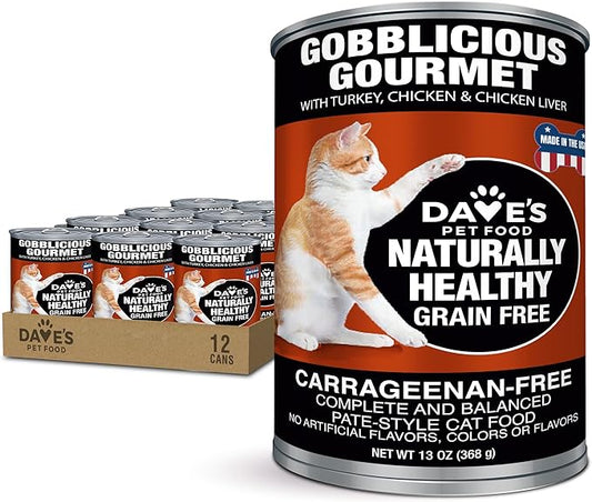 Dave's Pet Food Grain Free Wet Canned Cat Food Pate (Gobblicious Gourmet), Made in USA Naturally Healthy, Added Vitamins & Minerals, 13 oz Cans (12 Pack)-PawvioPets