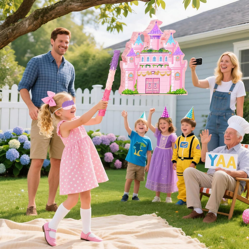 Princess Castle Pinata for Girl Birthday Party Supplies Pink Decorations Fairy Cardboard Castle Piñatas Games (Pink)