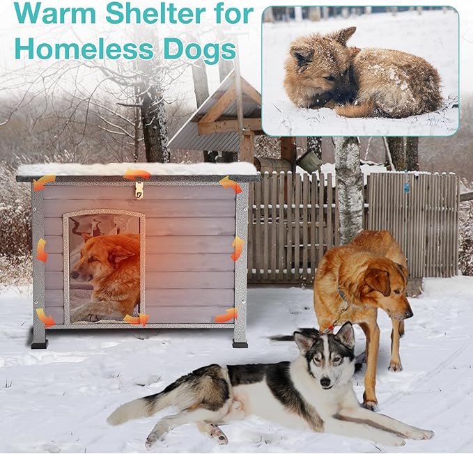 Feral Dog House Outdoor,Anti Bite Iron Frame Dog Kennel,Wood Warm Pets Home,Insulated Weatherproof Outside Shelter for Feral Animal (33.5"(L)×22"(W)×25.2"(H)-Grey-in)-PawvioPets
