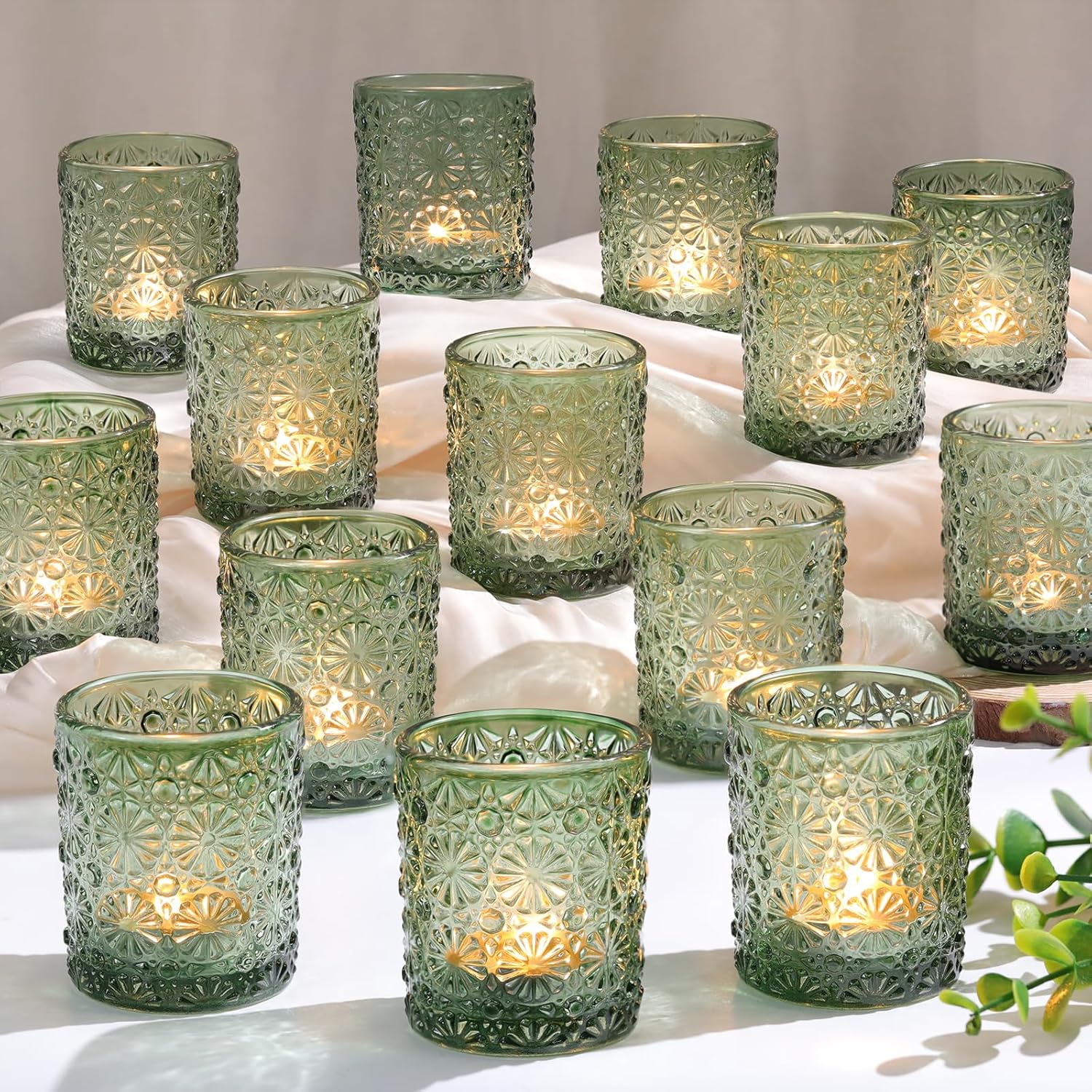 Green Votive Candle Holder Set of 36, Flower Tea Lights Candles Holders for Wedding Table Decor, Birthday Parties, Vintage Home Decor, Bridal Shower and Holiday Decorations