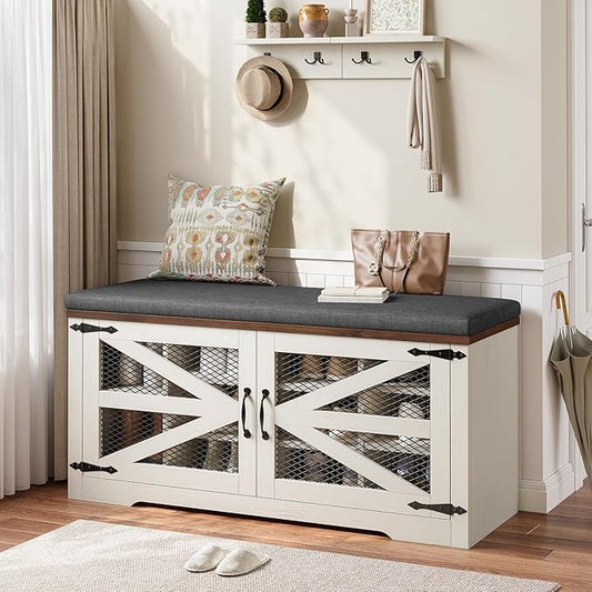 Farmhouse Storage Bench with Cushion, Metal and Wood Shoe Rack Organizer, Adjustable Shelf, Shoe Cabinet with Half Hidden Storage Space, for Entryway, Bedroom, Living Room (Old White, 43.3in)-PawvioPets