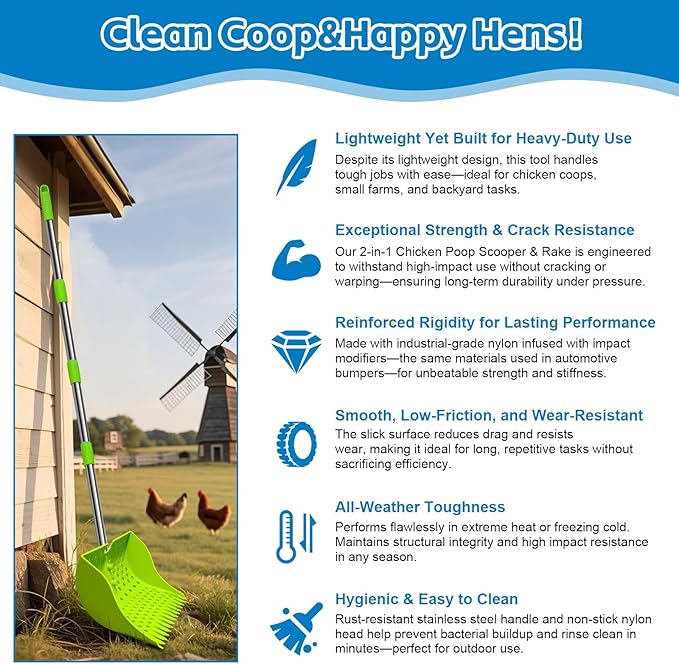 12-Inch 2-in-1 Chicken Poop Scooper & Rake – US Patent Pending – 3-Shape Sifting Holes Chicken Coop Rake，Stainless Steel Handle （20–61"）– Litter Scoop Sand & Sifting Shovel for Chicken Coops(Green)-PawvioPets