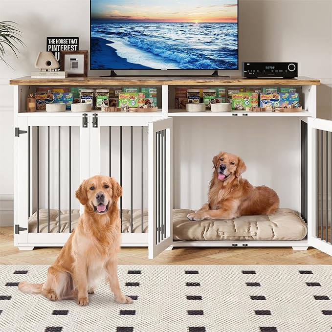 63'' Dog Crate Furniture for 2 Dogs, Wooden Dog Cage with Storage Compartment, Indoor Dog Kennel with 4 Doors for Large/Medium Dogs, White-PawvioPets