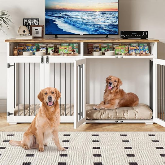 63'' Dog Crate Furniture for 2 Dogs, Wooden Dog Cage with Storage Compartment, Indoor Dog Kennel with 4 Doors for Large/Medium Dogs, White-PawvioPets