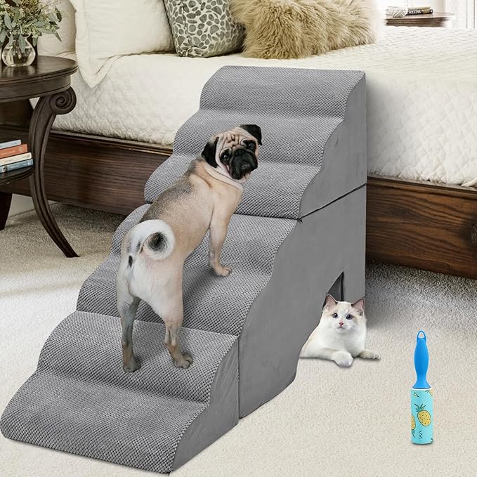 Dog Stair Steps for High Beds 36 inches Tall, 33D Foam Dog Ramp for Bed 32 inches, 7-Step Pet Stair Steps for Small Large Dogs for Bed Climbing, Non-Slip Dog Steps for Older Dogs/Cats, Grey-PawvioPets