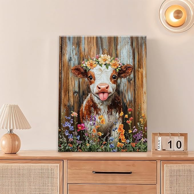 Funny Cow Bathroom Pictures Wall Art, Rustic Brown Cute Cow Bathroom Wall Decor, Farmhouse Floral Framed Painting Animal Flower Canvas Artwork for Bedroom Living Room Decorations 20"L x 16"W-PawvioPets