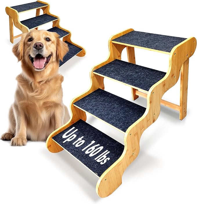 Dog Stairs for Large/Oldder Dogs,4 Steps Bamboo Wooden Pet Ramp for High Beds, Cars & Couch Sofa - Supports Dog Up to 160 LB,20-inches High-PawvioPets