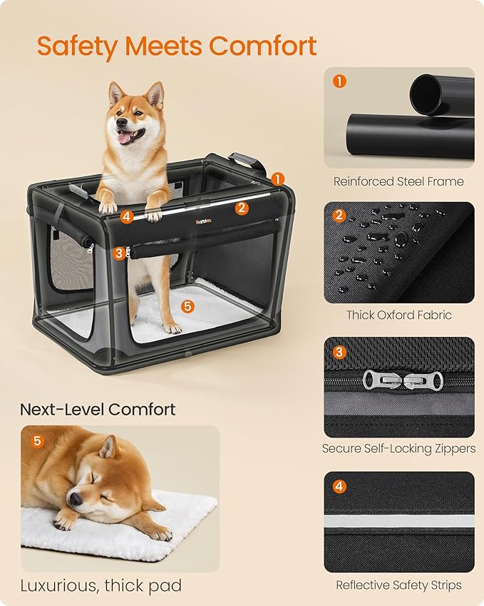 Feandrea Collapsible Dog Crate, 30-Inch Portable Dog Travel Crate for Medium Dogs, Oxford Fabric Pet Carrier with 4 Mesh Doors, Handles, Storage Pocket, Water Bottle Holder, Ink Black UPDC017B01-PawvioPets