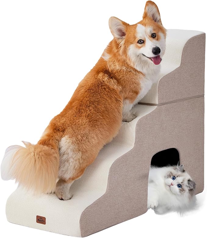 Beige Curved Dog Stairs Ramp for High Beds 28.7" H, 5-Step Dog Steps for Small Dogs and Cats, Pet Stairs for High Bed Climbing, Non-Slip Balanced Pet Step-PawvioPets