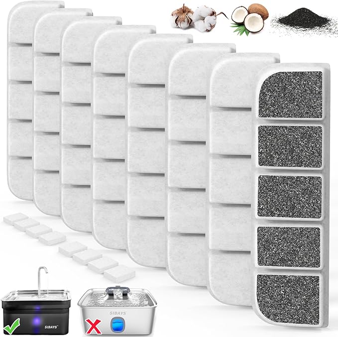 8 Pack Replacement Filters and 8 Pack Pump Sponges for SIBAYS 355oz/2.8Gal/10.5L Large Dog Water Fountain(FS70), Made of Coconut Shell Activated Carbon and PP Cotton, Food Grade Water Fountain Filters-PawvioPets
