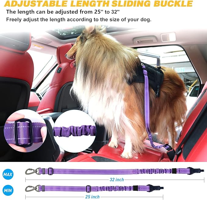 AUBELL Dog Seat Belt for Car,Updated 3-in-1 Adjustable Reflective Bungee Heavy Duty Dog Car Harness Tether with Clip Hook Latch & Buckle,Swivel Zinc Alloy Carabiner,Purple-PawvioPets