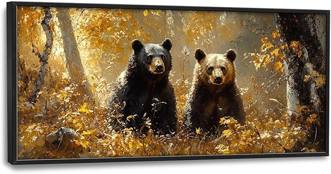 Large Forest Bear Wall Art for Living Room, Black Bear Autumn Canvas Oversized Wall Decor, Wildlife Framed Pictures Painting Print Artwork for Bedroom Office 60L" x 30W"-PawvioPets